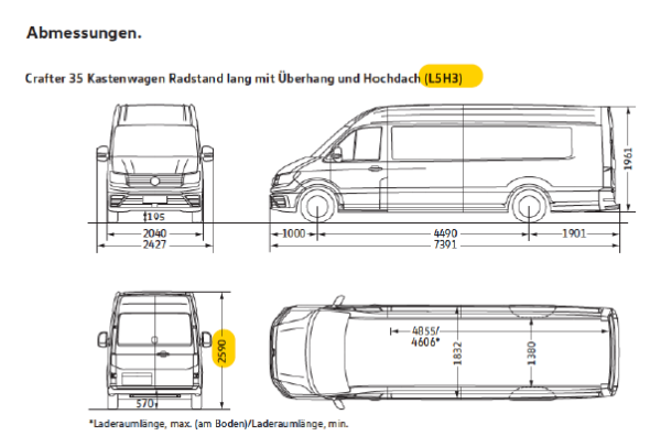 Dachträger für VW Crafter L5H3 lang Plus ( mit Überhang ) mit Normaldach ( 2017 - )